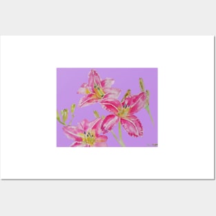 Pink Lily Flower Watercolor Painting Pattern - on Lilac Pink Posters and Art